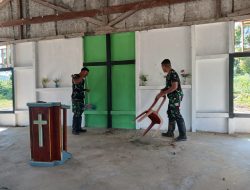 Satgas Pamtas RI-Malaysia Yonzipur 5/ABW Gotong Royong Pembersihan Gereja di Sungai Kelik