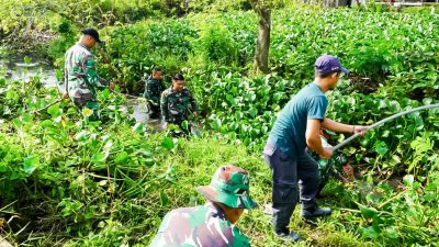 Mitigasi Bencana, Babinsa Kodim Bojonegoro bersama Warga Sukorejo Karya Bakti Pembersihan Sungai